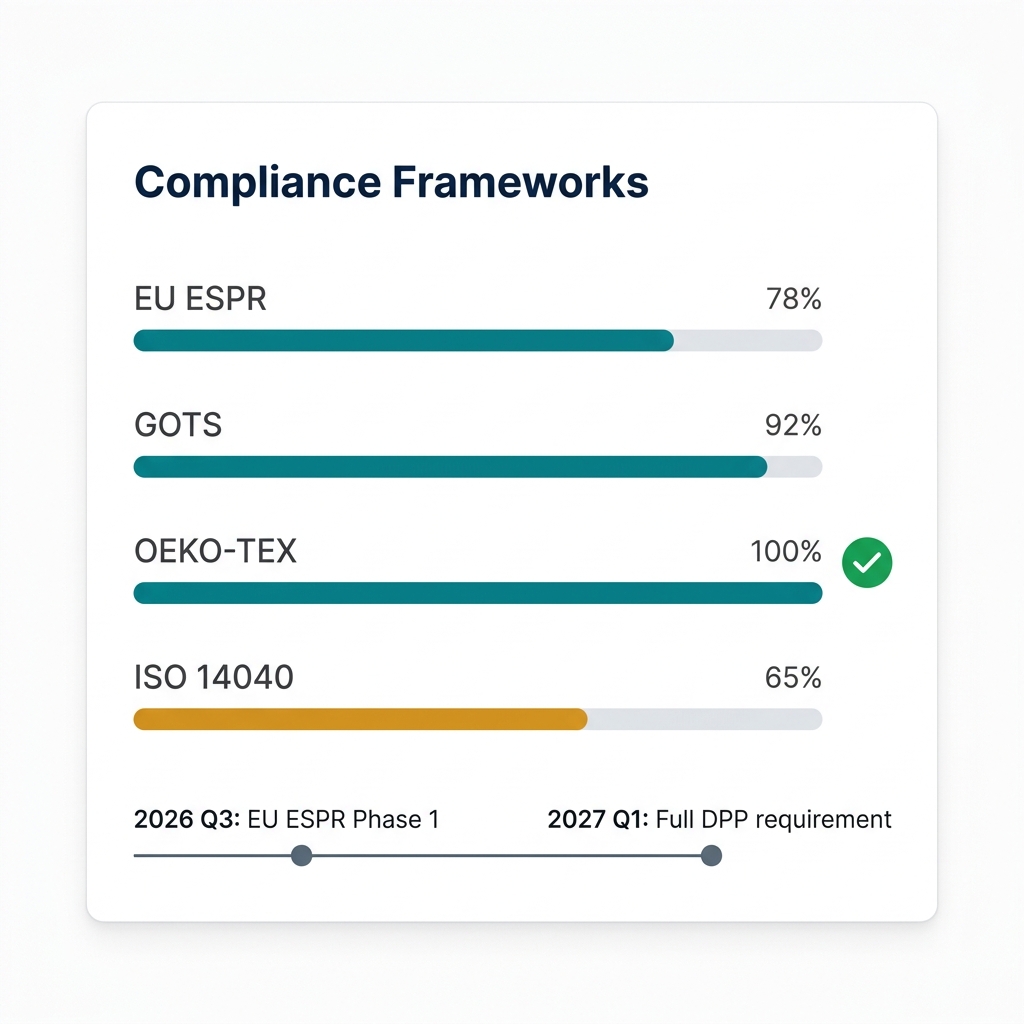 NormaTrack Compliance Tracker with EU ESPR, GOTS, OEKO-TEX progress and deadline timeline
