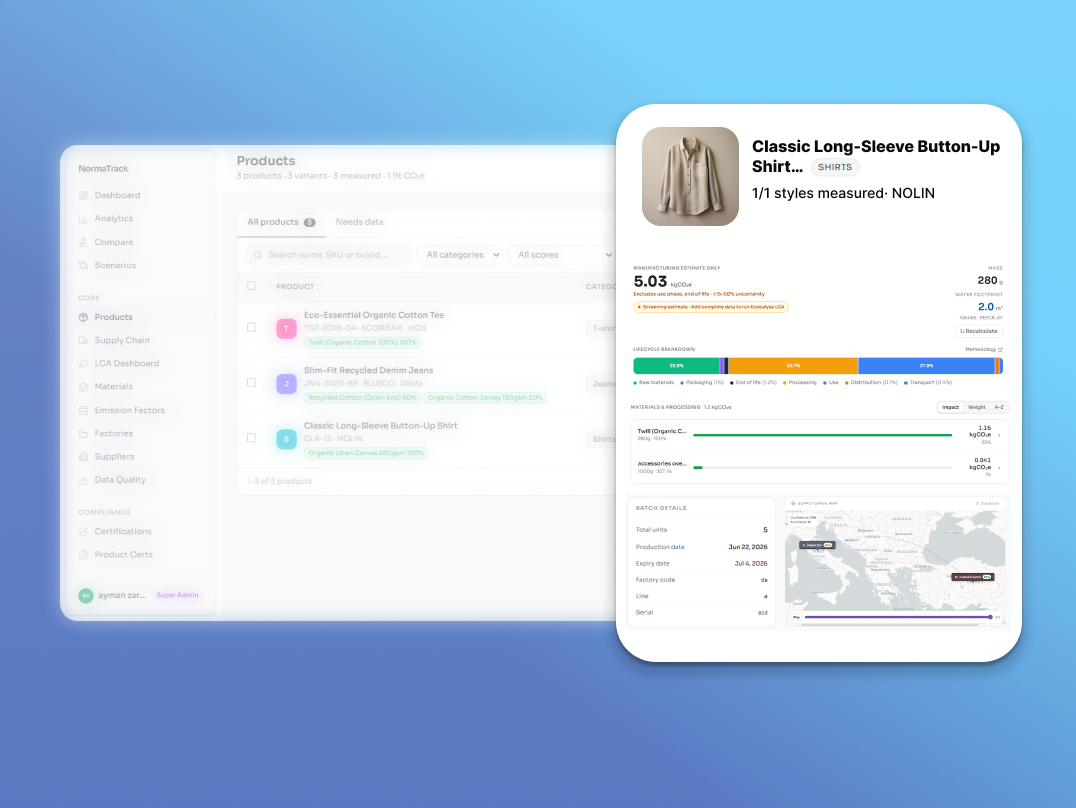 NormaTrack platform — supply chain traceability, automated LCA, and Digital Product Passports